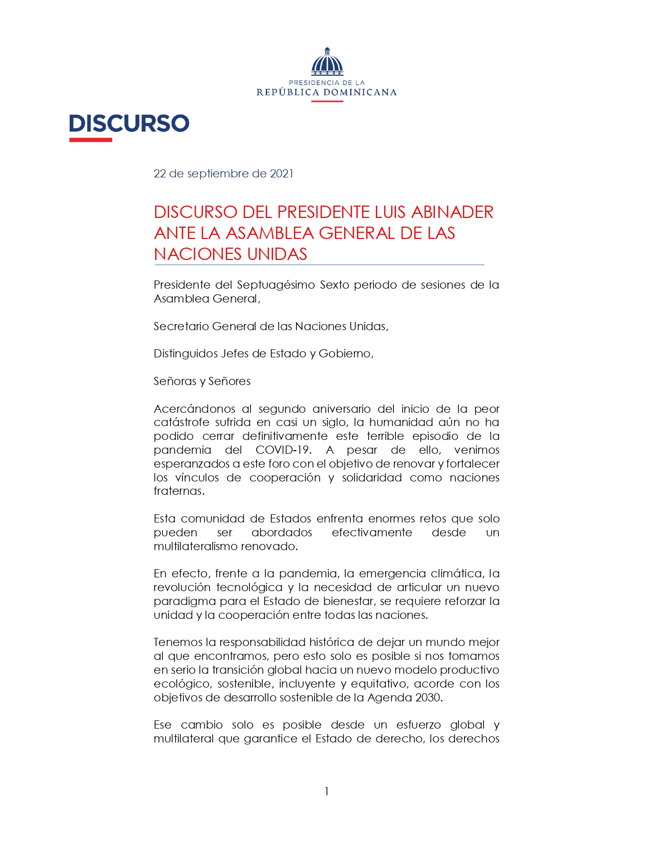 Discurso presidente Luis Abinader ante la Asamblea General de las Naciones  Unidas | Presidencia de la República Dominicana